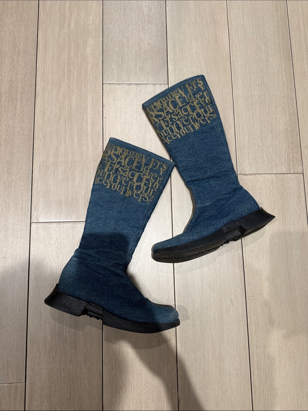 Versace Young Kids Blue Monogram Denim Knee Boots with Gold Text
